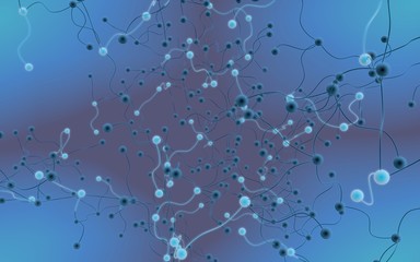 Neural network. Social network. Futuristic blue background. Abstract molecule, cell illustration, mycelium. Hi tech purple background. 3D illustration