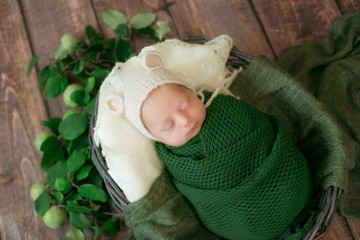 Little cute baby sleeps in a wicker basket of vines decorated with green palm leaves in a green blanket. Happy childhood