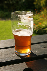 A pint glass of real ale beer, either half full or half empty!