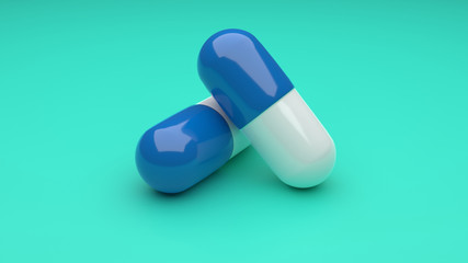 Two white-blue pills isolated on green background. 4K UHD. 3d rendering. 