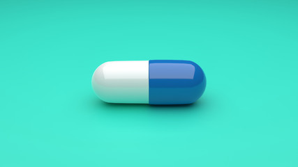 White-Blue pills isolated on green background. 4K UHD. 3d rendering. 