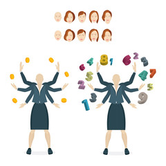 Multitasking concept metaphor. Financier, businesswoman and accountant characters vector illustration. Female with six hands, numbers and golden coins. Part of set. 
