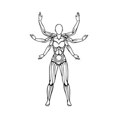 Sketch drawing female with six hands. Multitasking concept hand drawing vector illustration. Part of set.