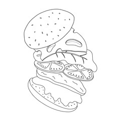 American fast food cheeseburger with bun, leaves lettuce, cheese, tomato, beef, sauce.