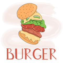 Hamburger vector cartoon card template. American fast food cheeseburger.