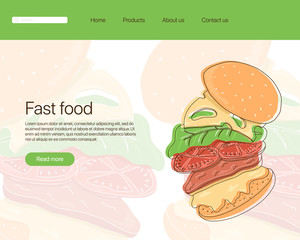 Hamburger vector cartoon landing page template. American fast food cheeseburger.