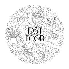 Fast food vector outline card concept with hand drawn lettering.
