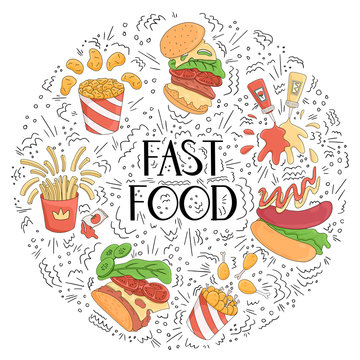 Fast food vector cartoon card concept with hand drawn lettering.