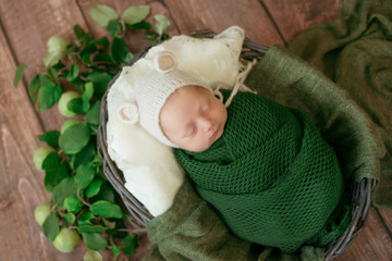 Little cute baby sleeps in a wicker basket of vines decorated with green palm leaves in a green blanket. Happy childhood