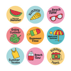 Fototapeta premium Set of cute summer stickers. Bright summertime icon. Collection elements for beach party vector illustration. Colorful funny doodle symbols.