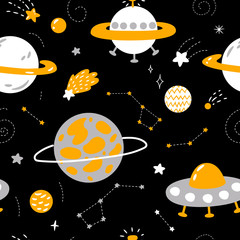space collection. planets, stars, rocket, aliens, moon and sun. for printing on the poster, design of a nursery, clothes and fabrics. Vector graphics