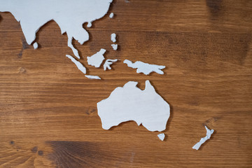 Handcrafted wooden world map with focus on Southeastern Asia and Oceania © Stefano Benanti