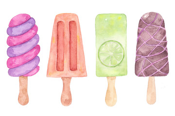 Watercolor collection of colorful popsicles isolated on white background.