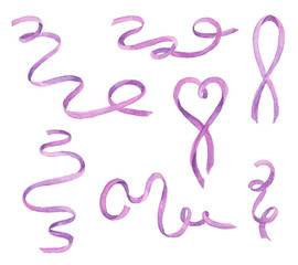 Set of watercolor purple ribbons isolated on white background.