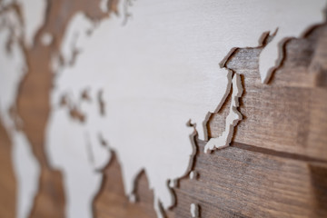 Handcrafted wooden world map with focus on Japan
