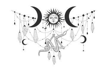 Vintage retro vintage engraving style. image of the sun and moon phases. culture of accultism. Vector graphics