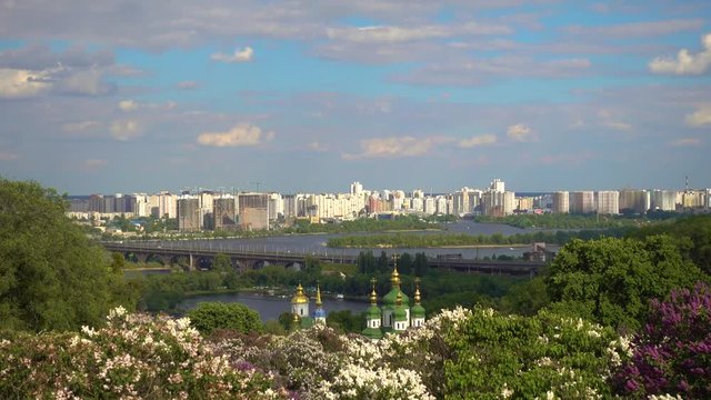Kiev in blooming lilacs. View of the left bank of Kyiv from the botanical garden.