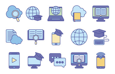 Education online line and fill style icon set vector design
