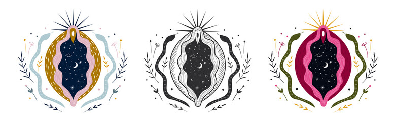 abstract image of a vagina. outer space, planets, moon and stars. snake tempter and plant herbs. printing on fabric and paper. radical femenism. vector - obrazy, fototapety, plakaty