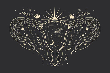 abstract image of a vagina. outer space, planets, moon and stars. snake tempter and plant herbs. printing on fabric and paper. radical femenism. vector