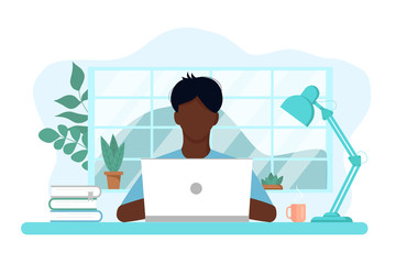 Vector concept of work and study at home, chat online support remotely from home. Isolated white background. The guy at the computer c. with flowers, books and a lamp. Flat style, pastel colors.