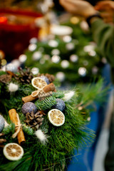 Workshop on creating a Christmas wreath. Elements for the decoration of the wreath