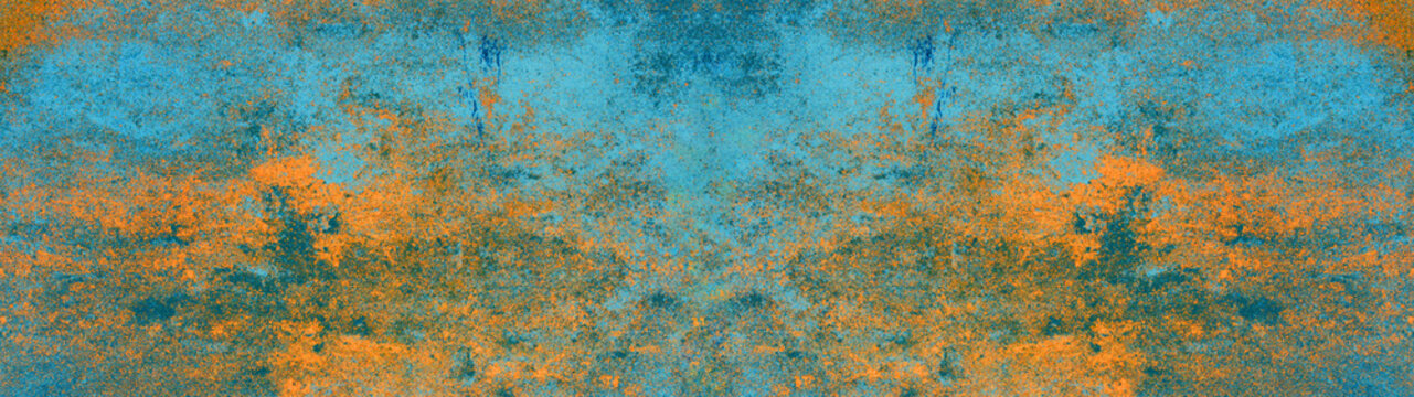 Blue orange rustic abstract concrete stone rusty rust metal steel texture background panorama banner Long (complementary Colors)