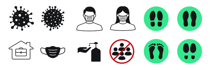 A collection of icons about coronavirus or covid-19. Wearing a mask. Hand washing. Work at home. Footprints for social distancing. Avoid being in crowded areas. Isolated, white background.