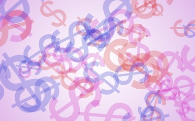Multicolored translucent dollar signs on white background. Red tones. 3D illustration