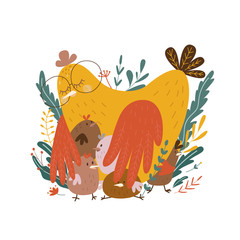 Cute illustration of mom of hen and children of chickens for printing on a poster for the design of a children's room. favorite characters of children. love and peace. Vector graphics
