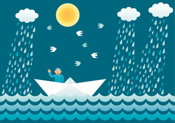 Small sailor on a paper boat waving and smiling. Vector simple illustration. - 350860733