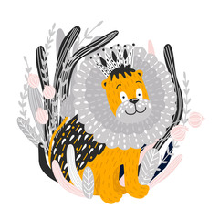 poster for the design of a children's room. print on clothes. my little wild lion cub. child character lettering. vector