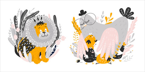 poster for the design of a children's room. print on clothes. my little wild lion cub. child character lettering. vector