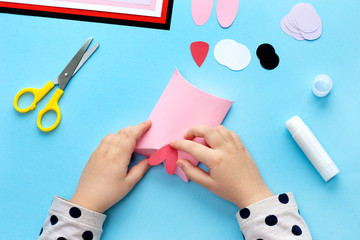 Making a cute owl pillow-box from colored paper. Children's art project. Step by step photo...