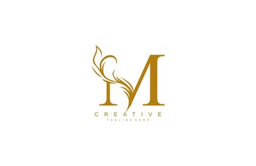 Letter M Linked Artistic Gold Flourish Swoosh Shape Logo
