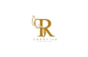 Letter R Linked Artistic Gold Flourish Swoosh Shape Logo