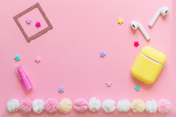 Bright children's hair accessories on a pink background. Pink text background with children's hair 