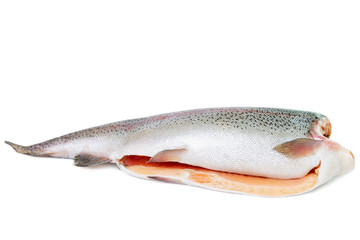 Whole Fresh, shelled red fish. Vitamins and a healthy diet. Isolated on a white background. Side view.