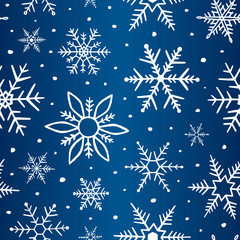 Seamless pattern snowflakes. Winter design for prints. Scatter white snowflakes on blue background. Scattered irregular snow backdrop. Falling random snowflakes texture. Stylish winter pattern. Vector