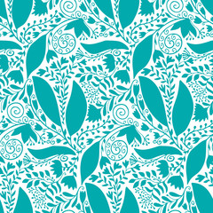 Turquoise pattern with silhouette floral ornament. Seamless background in vector. Boho flower texture for textile design.