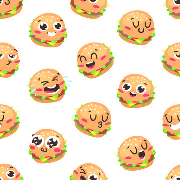 Cartoon drawing set of fast food emoji. Hand drawn emotional meal.Actual Vector illustration american cuisine. Creative ink art work burger