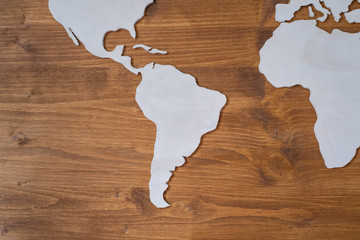 Handcrafted wooden world map with focus on South America