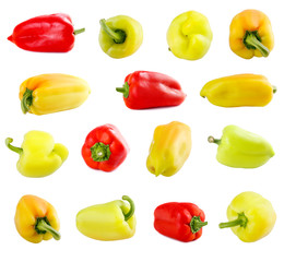 Set of fresh raw yellow red and green peppers on isolated background