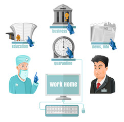 Doctor and man beside with computer join with bank, news, education and clock. Work home. Make payments and other deals with help of internet.