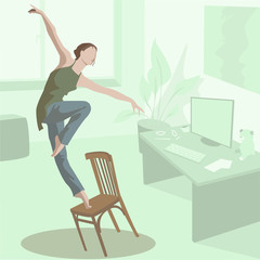 A girl dances in a room on self-isolation during quarantine. In front of a computer camera