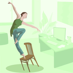 A girl dances in a room on self-isolation during quarantine. In front of a computer camera