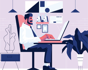 Business man in the office working on a laptop. Flat  Vector illustration