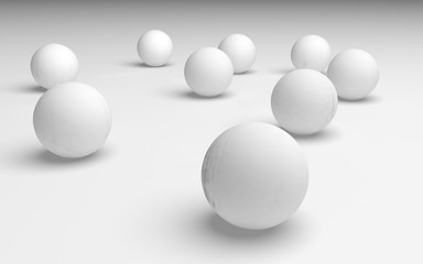 White abstract background. Set of white balls isolated on white backdrop. 3D illustration