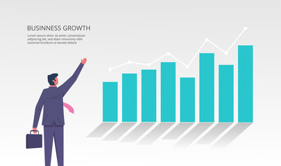 Business growth design concept. Businessman character fells joy to see his business growing and gain more profit vector illustration. Bar chart and line symbol. For website, banner or mass media