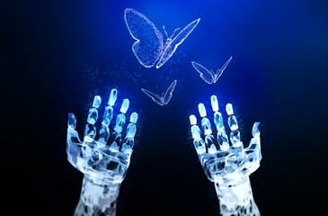 Abstract blur robot ai hand hold 3D virus butterfly illustration digital innovation futuristic technology transform evolution New normal after coronavirus crisis management business world life change